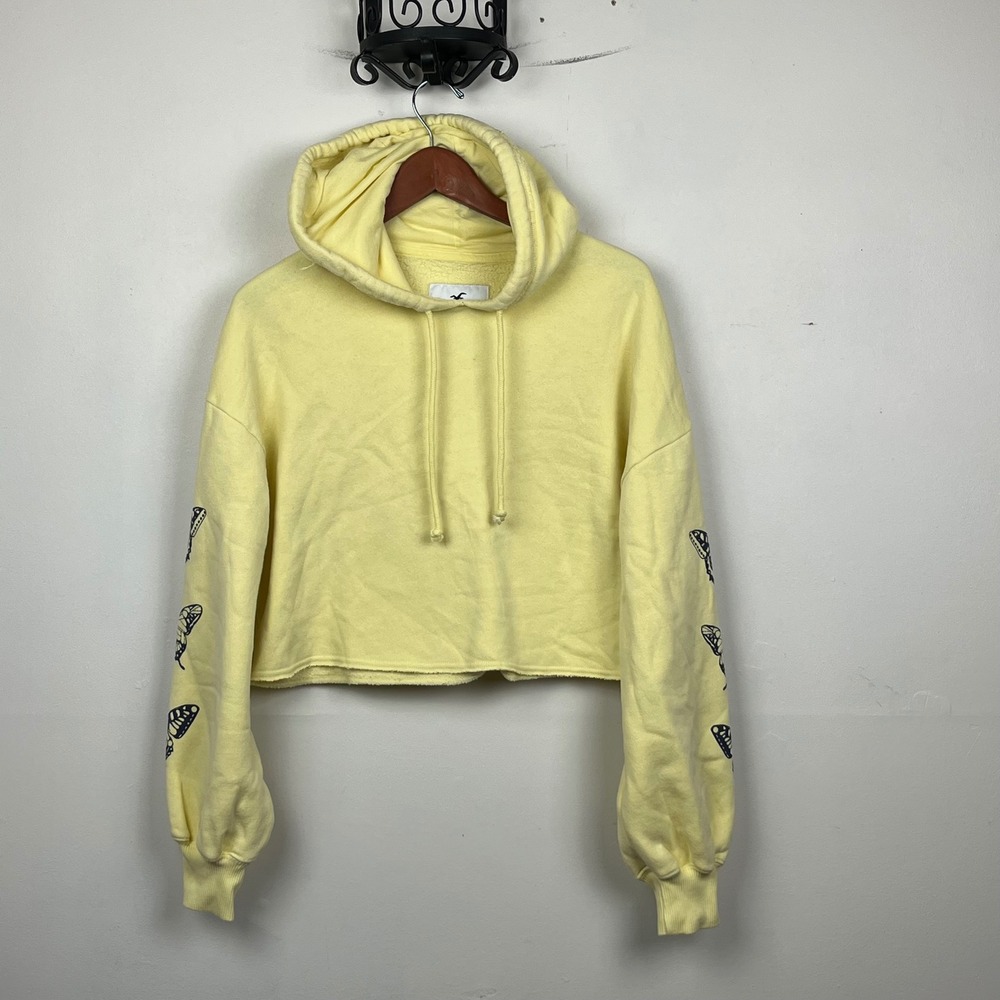 Hollister Cropped Butterfly Graphic Hoodie S Yellow Y2K Soft Girl Aesthetic